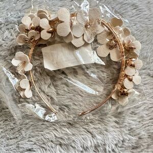 Bridal Headband Floral Beads New Faux Leather Flowers Beads Gold Cream
